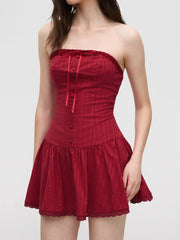 Cotton Knotted Shirred Bandeau Mini Dress