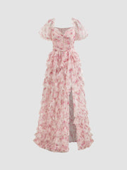 Mesh Sweetheart Floral Corset Detachable Layered Maxi Dress