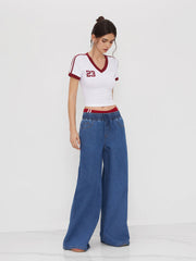 Denim Mid Rise Drawstring Wide Leg Jeans