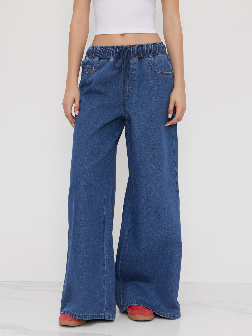Denim Mid Rise Drawstring Wide Leg Jeans
