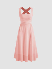 Square Neck Solid Criss Cross Ruffle Midi Dress