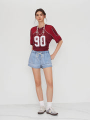Denim Knotted Drawstring Roll Hem Micro Shorts