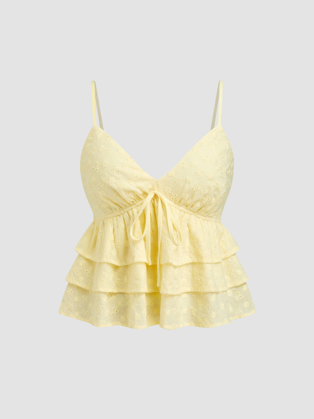 Cotton Broderie Anglaise Knotted Shirred Layered Crop Cami Top