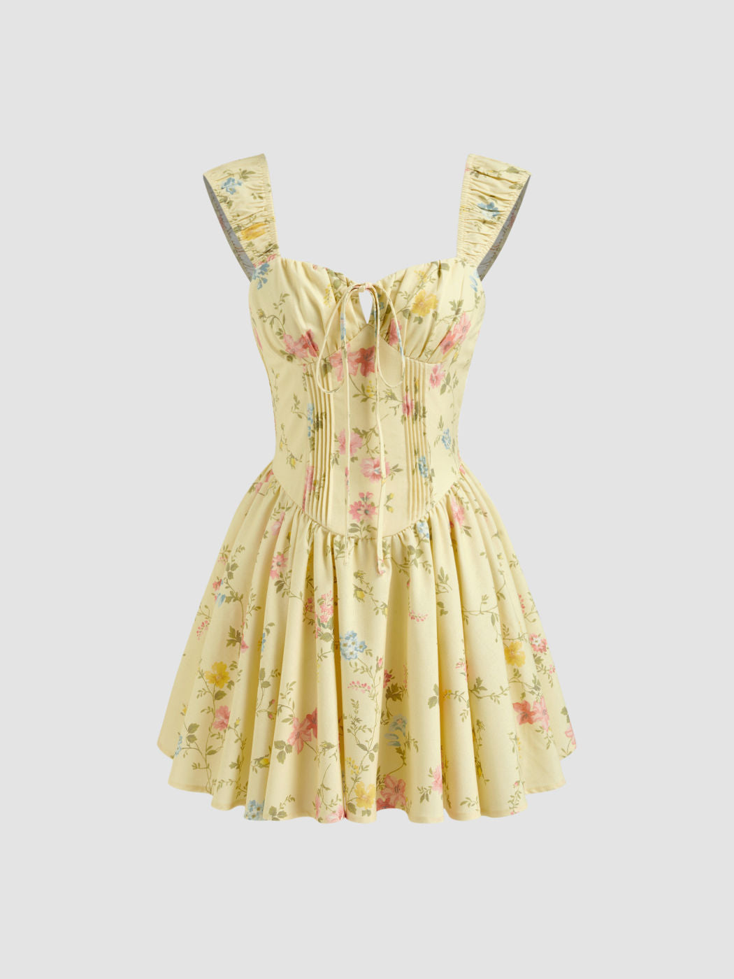 Linen-blend Square Neck Floral Knotted Shirred Mini Dress