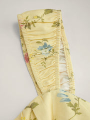 Linen-blend Square Neck Floral Knotted Shirred Mini Dress