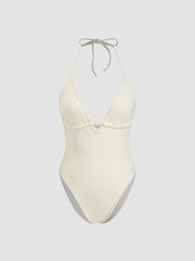 Texture Shaping Halter Neckline Beaded One Piece Swimsuit
