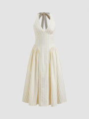 V-neck Gingham Knotted Ruffle Maxi Dress