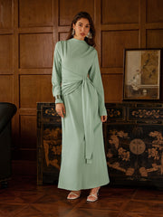 Satin Stand Collar Ruched Draped Maxi Dress