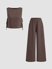 Cotton-blend Boat Neck Knotted Top With Shirred Straight Leg Trousers Set