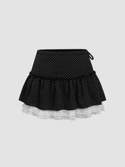 Halter V-neck Polka Dot Crop Top & Mid Rise Lace Trim Mini Skort Set