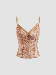 V-neck Leopard Lace Trim Crop Cami Top