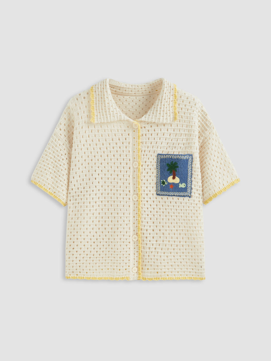 Knit Collar Fish & Tree & Shell & Turtle Graphic Hollow Out Oversized Cardigan