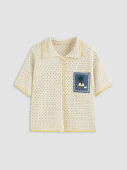 Knit Collar Fish & Tree & Shell & Turtle Graphic Hollow Out Oversized Cardigan