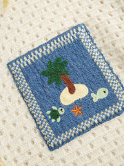 Knit Collar Fish & Tree & Shell & Turtle Graphic Hollow Out Oversized Cardigan