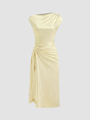 Satin Asymmetrical Neck Twist Split Midi Dress