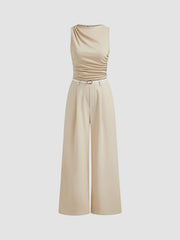 Woven Boat Neck Solid Ruched Jumpsuit With Belt