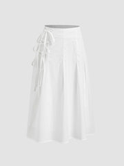 Cotton Low Rise Tie Side Knotted Pleated Midi Skirt