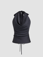 Halter Neckline Stripe Knotted Top & Mid Rise Straight Leg Trousers Set