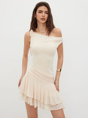 Mesh Asymmetrical Neck Ruched Layered Lettuce Trim Ruffle Hem Mini Dress