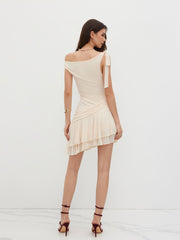 Mesh Asymmetrical Neck Ruched Layered Lettuce Trim Ruffle Hem Mini Dress