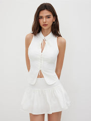 Cotton-blend Mandarin Collar Cut Out Top & Low Rise Ruffle Hem Mini Skirt