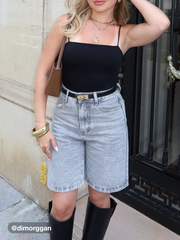 Cider Denim Mid Rise Solid Straight Leg Shorts