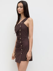 Linen-blend Asymmetrical Neck Button Ruched Mini Dress