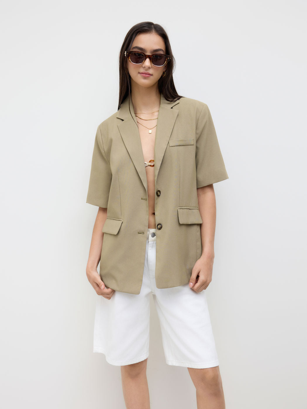 Linen-blend Collar Oversized Mid-length Blazer