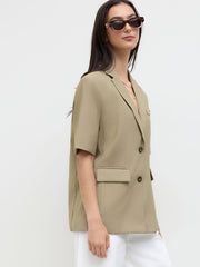 Linen-blend Collar Oversized Mid-length Blazer