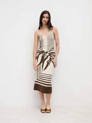 Knit Striped Knotted Pattern Split Chain Cami Midi Dress