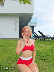 V-neck Contrasting Binding Knotted Bracelet Shorts Bikini Set