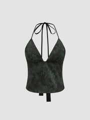 Satin V-neck Floral Knotted Backless Top