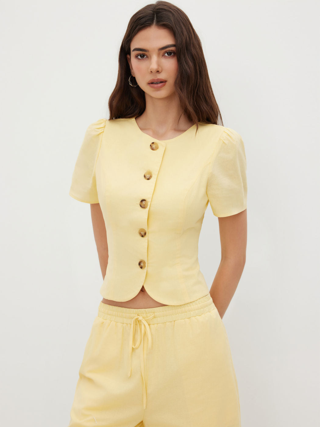 Ramie-blend Button Short Sleeve Blouse