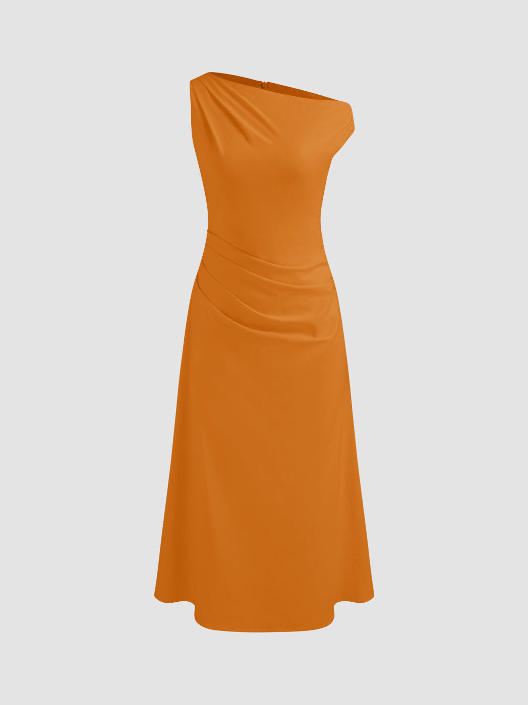 Asymmetrical Neck Solid Ruched Maxi Dress