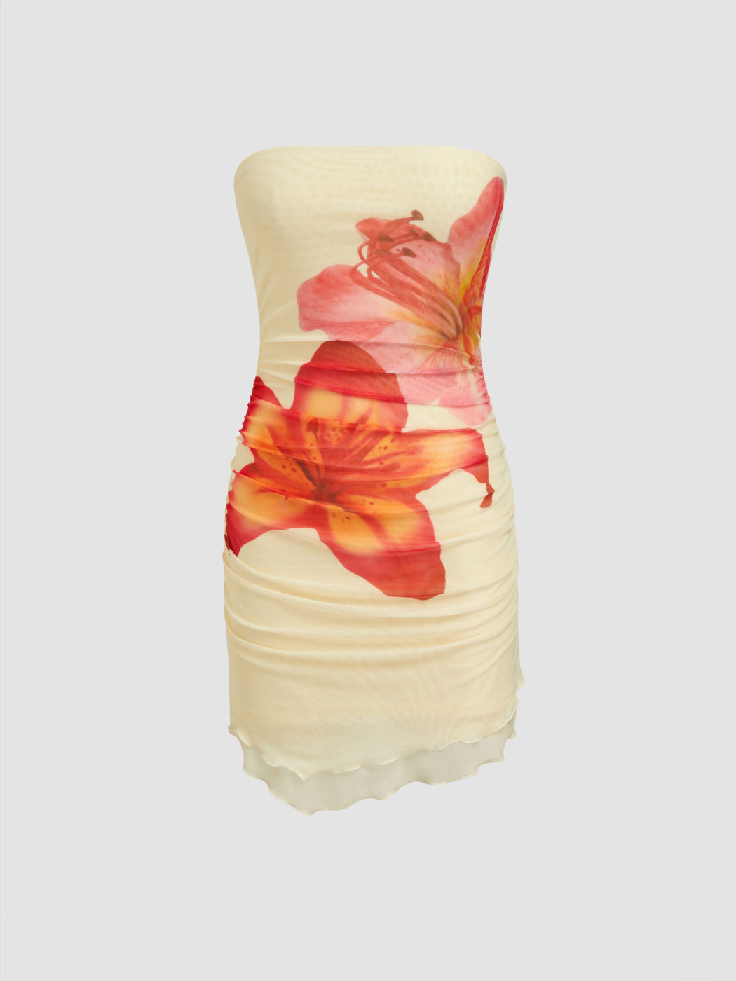 Mesh Floral Ruched Lettuce Trim Bandeau Mini Dress