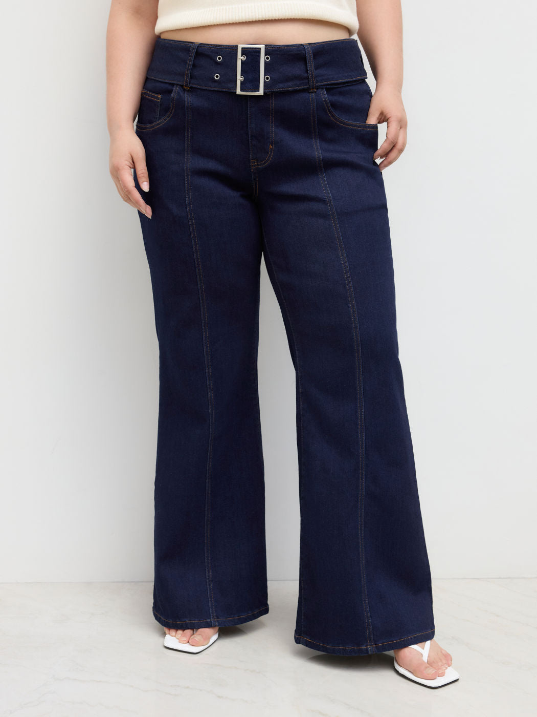 High Stretch Denim Mid Rise Flared Jeans With Belt Curve & Plus
