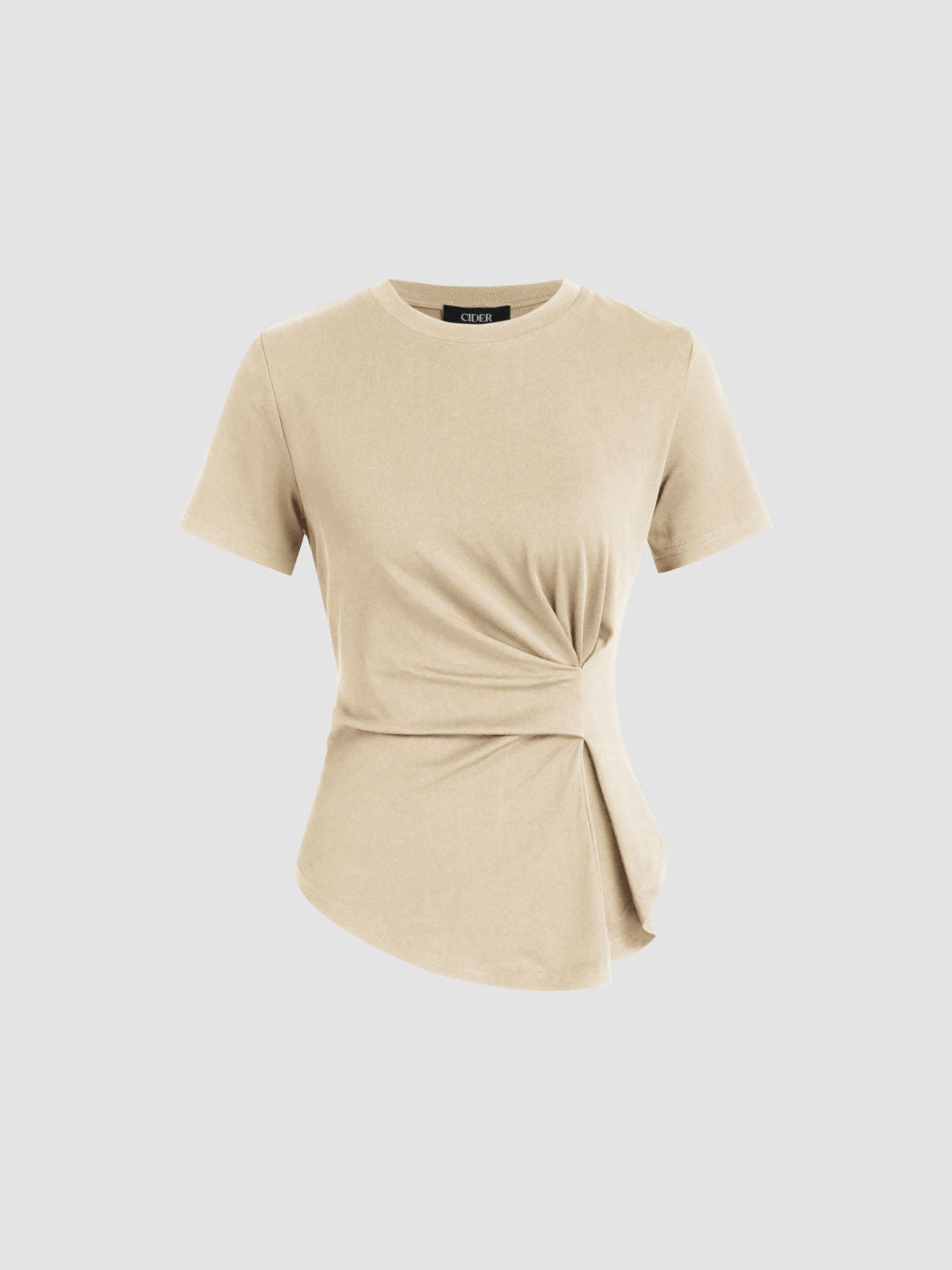 100% Cotton Round Neckline Ruched Asymmetrical Hem Tee