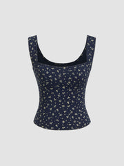 Cotton-blend Square Neck Floral Cut Out Tank Top
