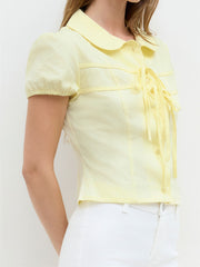 100% Cotton Peter Pan Collar Bowknot Puff Sleeve Blouse