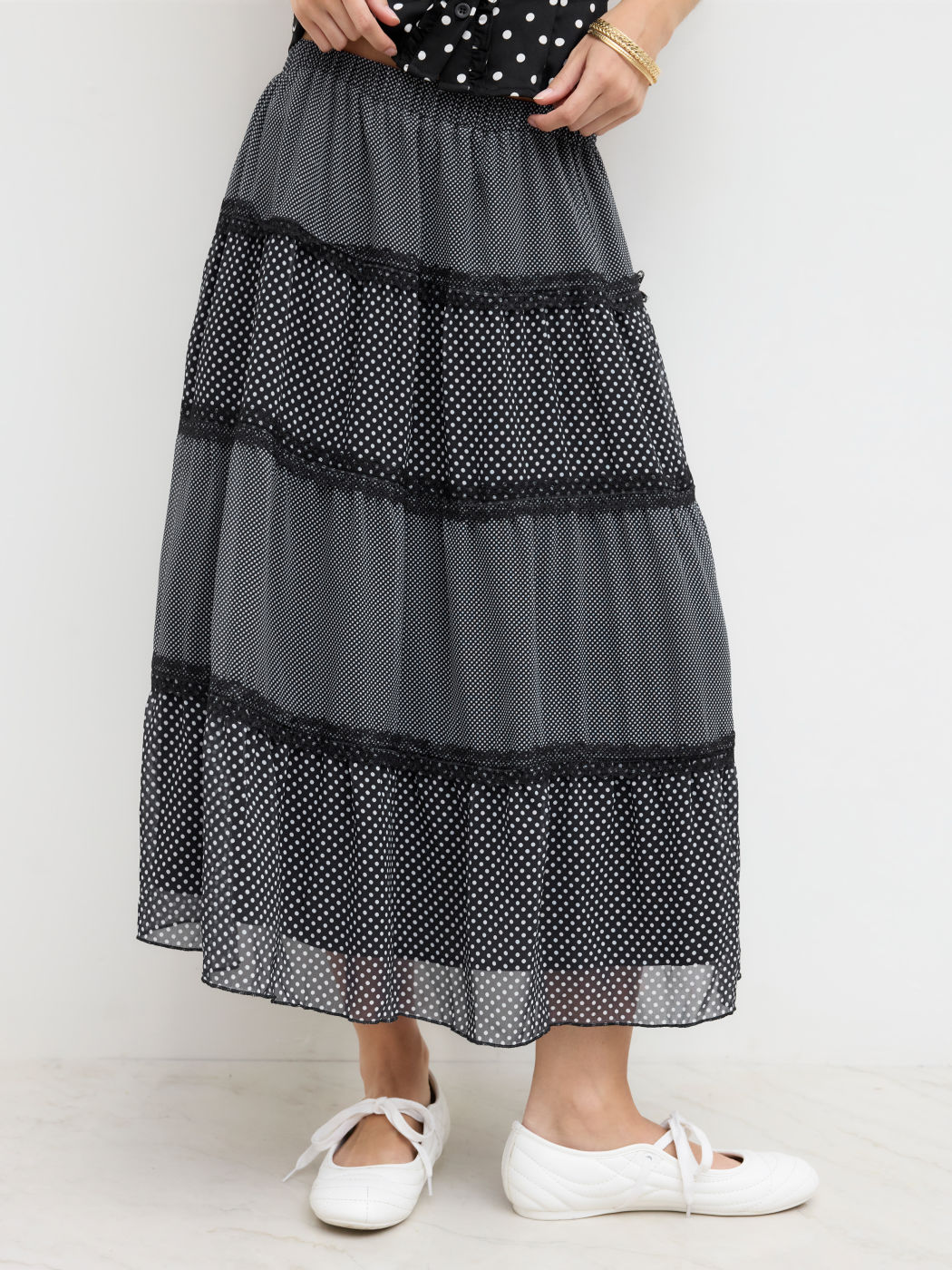 Chiffon Mid Rise Lace Trim Polka Dot Maxi Skirt