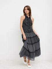 Chiffon Mid Rise Lace Trim Polka Dot Maxi Skirt