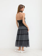 Chiffon Mid Rise Lace Trim Polka Dot Maxi Skirt