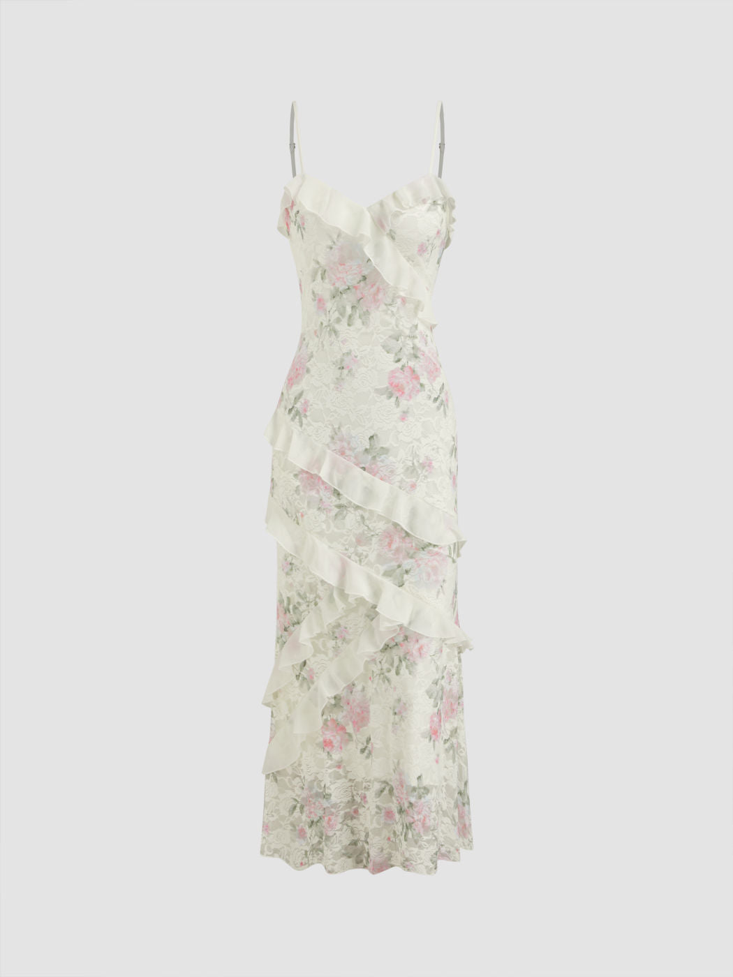 Lace V-neck Floral Ruffle Maxi Dress