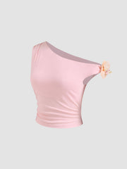 Asymmetrical Neck Ruched Flower Crop Tank Top