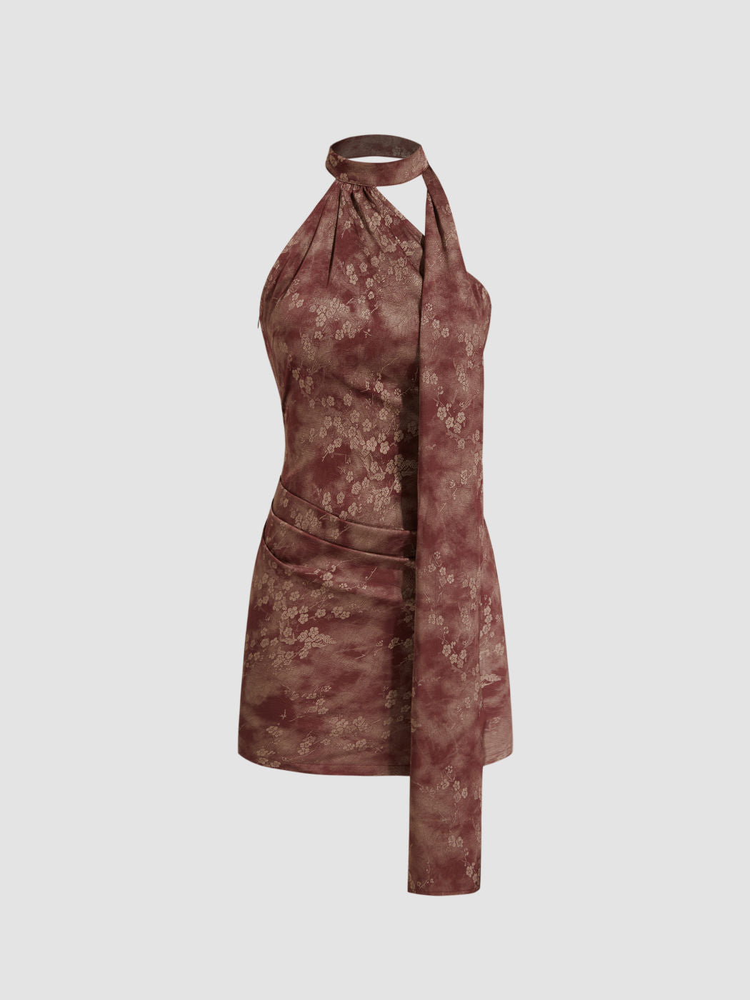 Satin Asymmetrical Neck Floral Backless Mini Dress With Scarf