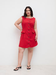 Linen-blend Boat Neck Button Mini Dress Curve & Plus