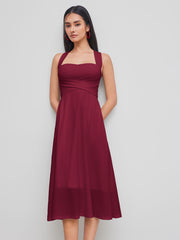 Square Neck Solid Criss Cross Ruffle Midi Dress