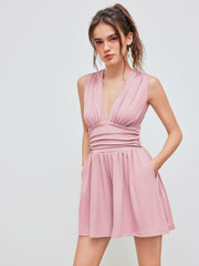 V-neck Solid Ruched Pocket Romper