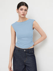 Boat Neck Solid Ruched Tank Top