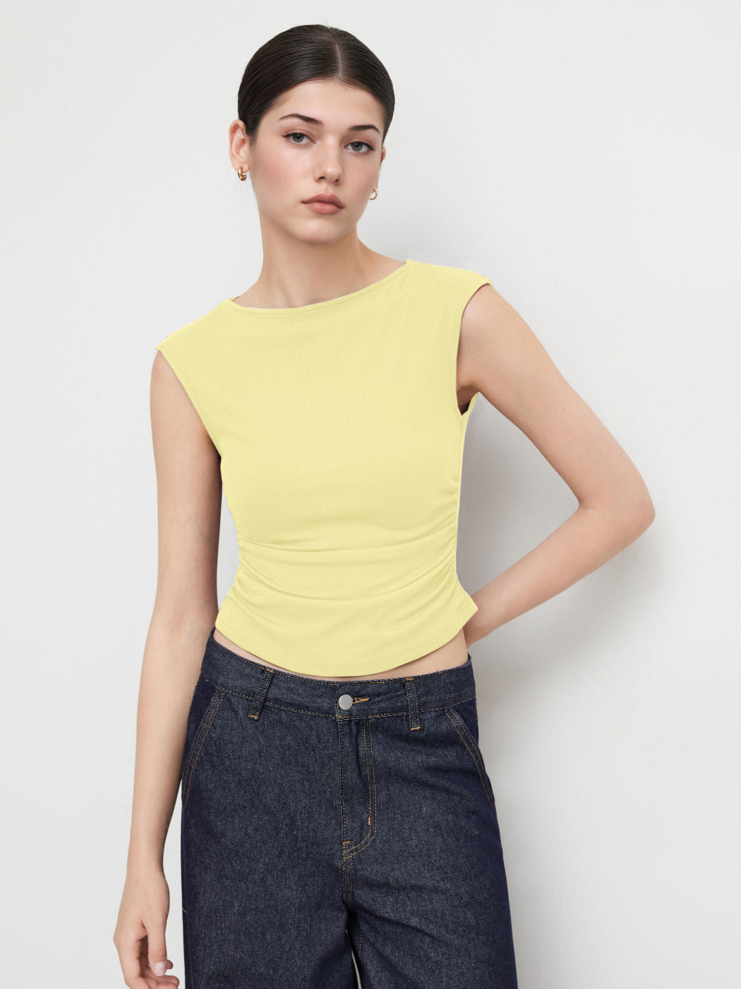 Boat Neck Solid Ruched Tank Top